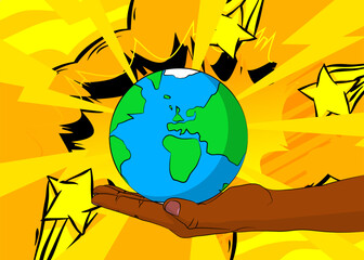 Cartoon, comic book human hands holding planet Earth. Retro vector comics pop art design.