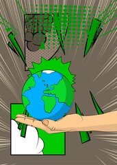 Cartoon, comic book human hands holding planet Earth. Retro vector comics pop art design.