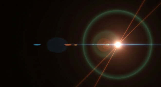 Bright Optical Lens Flare with Horizontal Beams and Radiant Rings on a Dark Background.