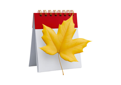 Autumn leaf on spiral calendar with red header symbolizes seasonal transition on transparent background, PNG