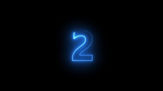 Abstract glowing neon text 02 number countdown icon. Glowing sign on black background Neon number 2 with alpha channel, simple blue neon color. Seamless loop style animation