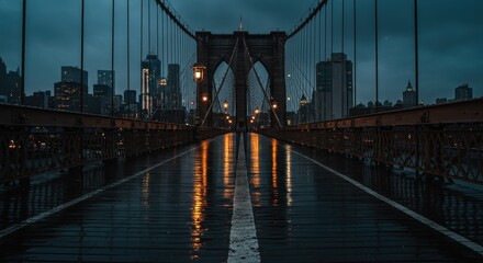 Reflections of cityscape lights upon wet suspension bridge walkway at dusk