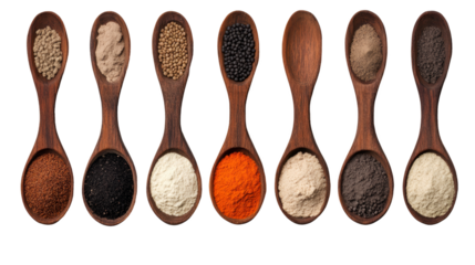 Ten Wooden Spoons Filled with Assorted Spices and Herbs