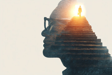 Silhouette of a person climbing stairs inside a human head profile symbolizing progress and enlightenment.