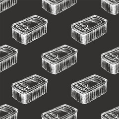 Hand drawn vintage seamless pattern of canned food tin in rustic engraved style on chalkboard background.