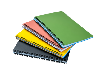 Colorful spiral notebooks stacked in pile on transparent background, PNG