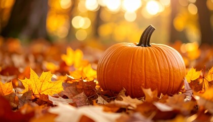 Autumnal Pumpkin Amidst Golden Leaves