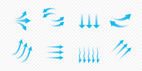 Air flow arrow. Set of blue arrow showing wind air flow. Vector set of air flow arrows. Blue air flow arrows showing wind circulation and ventilation. eps 10