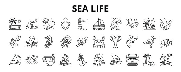 30 Sea Life Line Icons Vector - Coral, Seaweed, Turtle, Crab, Sailboat, Swimming, Surfing