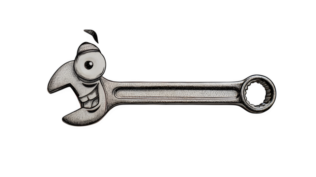 A doodle wrench with a winking eye and a simple mouth, isolated on a Transparent Background