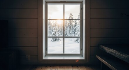 Fototapeta premium Window view snowy trees against bright sky seen from cozy wood interior
