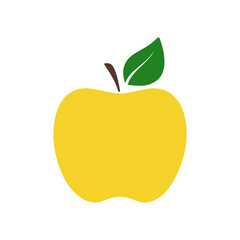 A yellow apple is isolated on a white background. Graphic simple color illustration of a fruit, flat design, vector. Decorative delicious dessert, bright background element, icon, logo for label