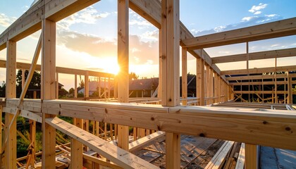 Framing construction wooden house sunrise beams sunlight, new home building structure, early morning, golden light, residential development, timber framing, progress.