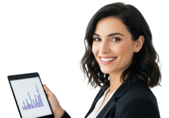 Businesswoman holding tablet with chart isolated on transparent background