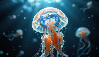 Obraz premium A mesmerizing underwater scene featuring vibrant jellyfish glowing in a deep sea environment.