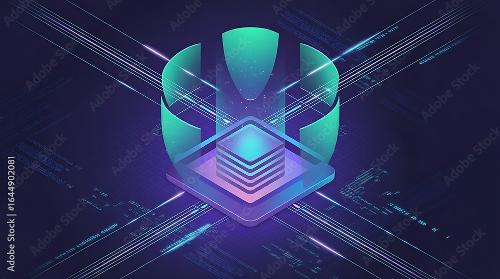 Poster futuristic digital shield protecting glowing data server with abstract light beams technology