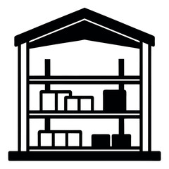 Vector art of black silhouette of a warehouse interior with shelves and storage boxes