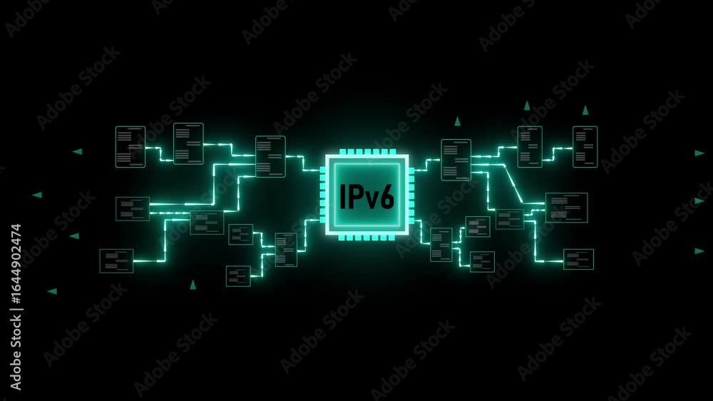 Poster ipv6 network data flow animation digital technology chip internet protocol communication system. cha