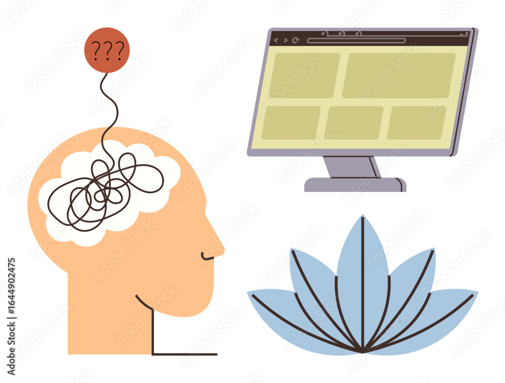 Poster tangled thoughts emerge from a brain with a question mark balloon, computer screen with grid layout,