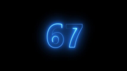 Abstract glowing neon text 67 number countdown icon. Glowing sign on black background Neon number 67 with alpha channel, simple blue neon color. Seamless loop style animation - Powered by Adobe