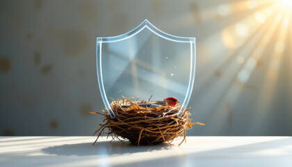 A nest with a protective shield symbolizing safety, stability, and nurturing in a serene environment.