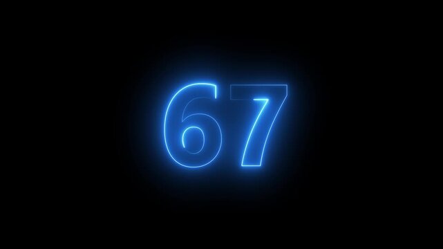 Abstract glowing neon text 67 number countdown icon. Glowing sign on black background Neon number 67 with alpha channel, simple blue neon color. Seamless loop style animation