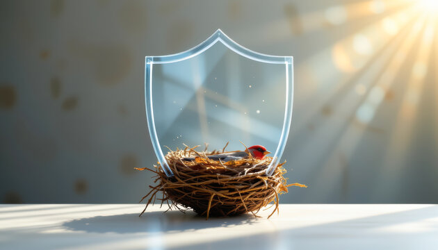 A nest with a protective shield symbolizing safety, stability, and nurturing in a serene environment.