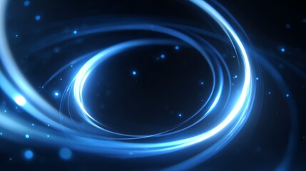 A mesmerizing and futuristic abstract illustration featuring a brilliant glowing blue ring or celestial halo of light set against a deep dark and completely black background.