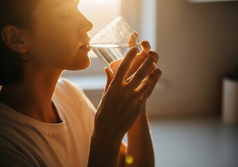 Woman drinking water from a glass in warm sunlight