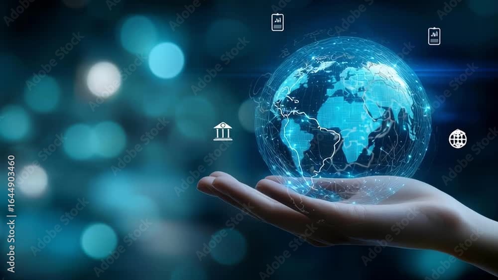 Poster digital globe with network and financial icons floating above open hand, symbolizing global finance,