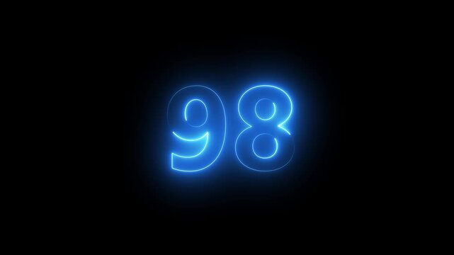 Abstract glowing neon text 98 number countdown icon. Glowing sign on black background Neon number 98 with alpha channel, simple blue neon color. Seamless loop style animation