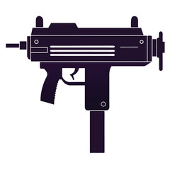 Pixel Art Submachine Gun: Military Weapon Icon,  Game Asset, Dark Silhouette