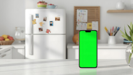 Cozy Modern Kitchen with Green Screen Device and Decorative Accessories