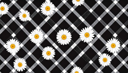Black and white gingham pattern overlaid with scattered daisies (1)