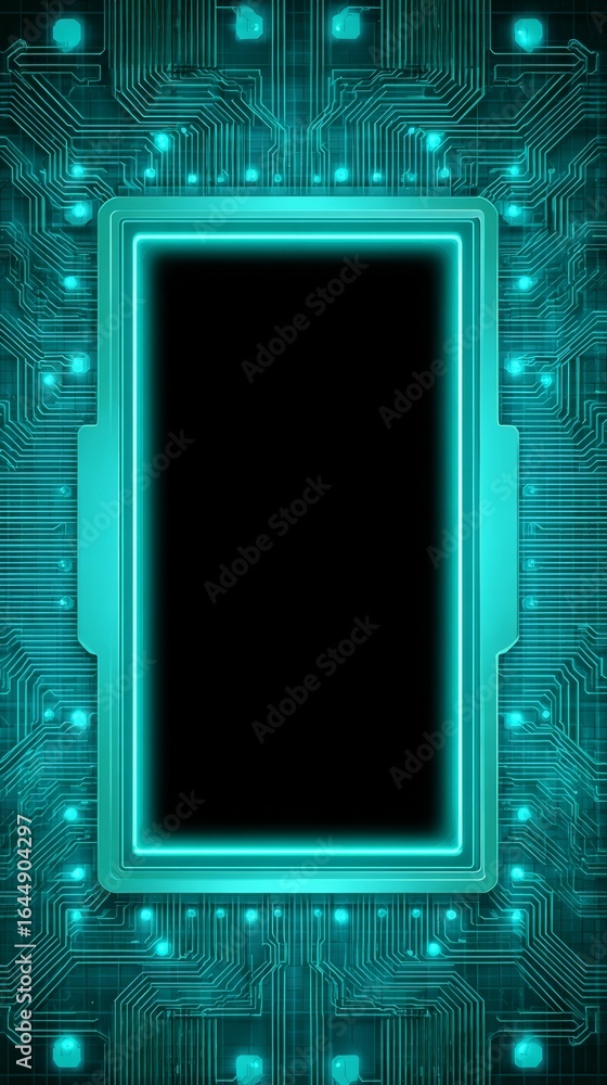 Poster intricate macro photograph of a modern printed circuit board featuring a central blank black display