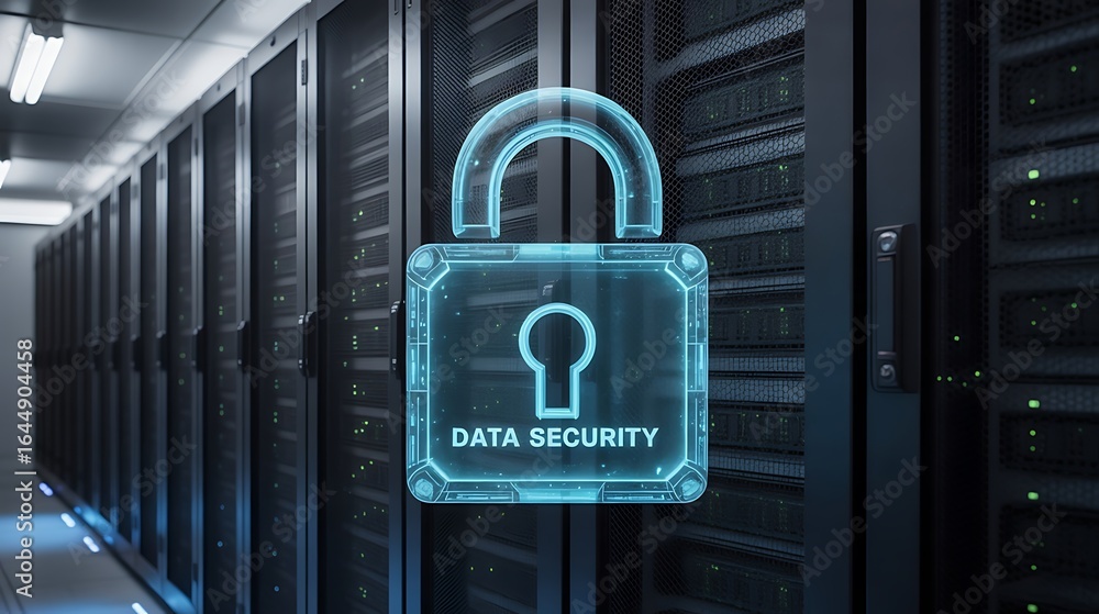 Poster glowing blue digital padlock symbol with data security text in server room data center technology