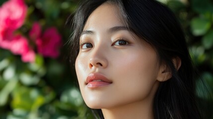 Close-up portrait of a woman with flawless skin.