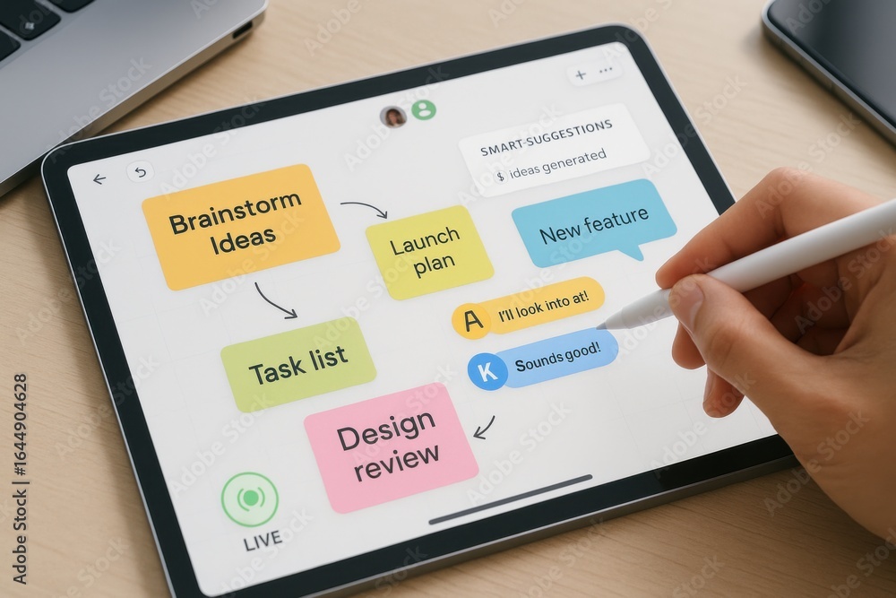 Poster collaborative digital whiteboard with live smart suggestions, task flow and feature notes
