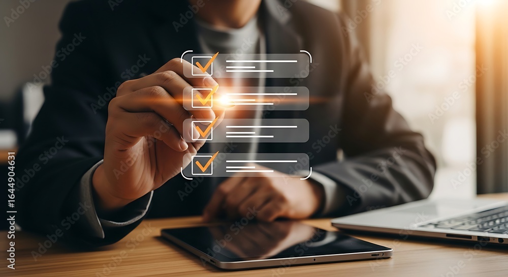 Poster businessman using a digital pen to mark a checklist on a futuristic virtual screen interface. concep