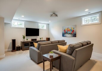 Fototapeta premium Modern basement home theater with cozy gray sofas, large screen, projector, and vibrant art. Ideal for home entertainment, interior design, and real estate.