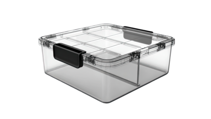 Clear plastic storage box with black latch