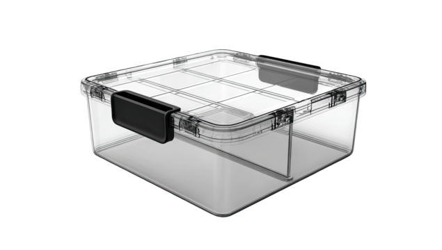 Clear plastic storage box with black latch