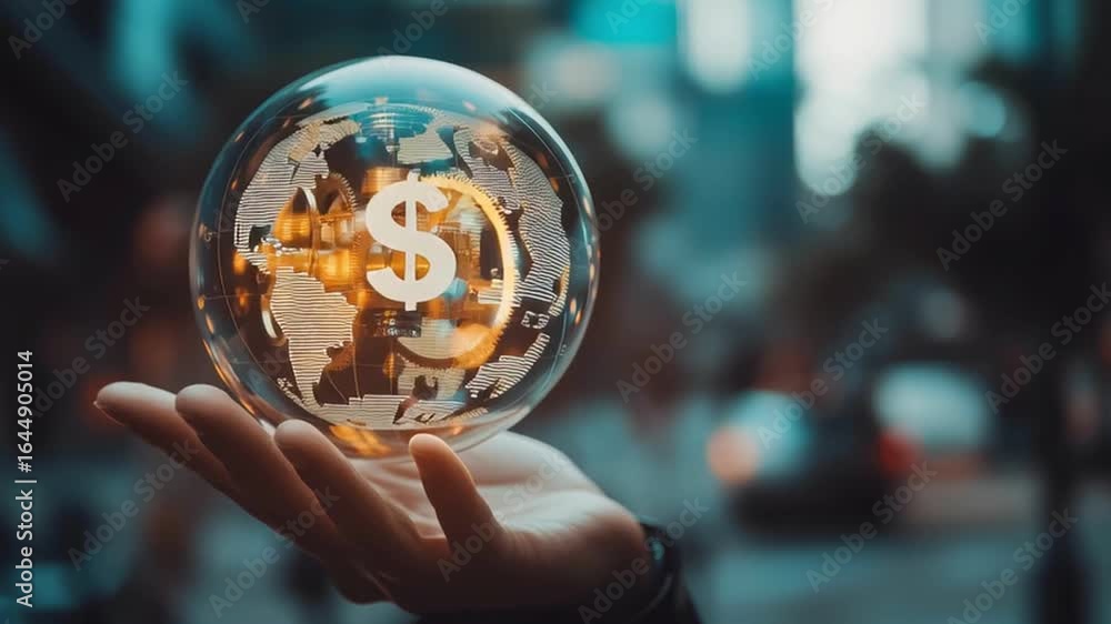 Poster futuristic transparent globe with glowing gear and location icon floating above hand symbolizing tec