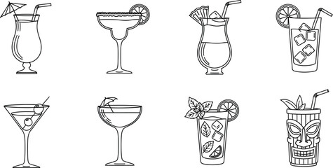 A collection of cocktail illustrations, perfect for adding a touch of elegance and festivity to your designs with its diverse range of classic and tropical drinks