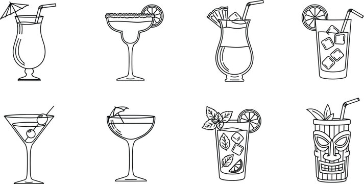 A collection of cocktail illustrations, perfect for adding a touch of elegance and festivity to your designs with its diverse range of classic and tropical drinks