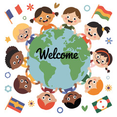 Fototapeta premium Illustration of children of different ethnicities surrounding the earth with flags and welcome message