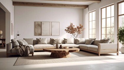 Sunlit living room with neutral tones, sectional sofa, wooden coffee table, and large windows