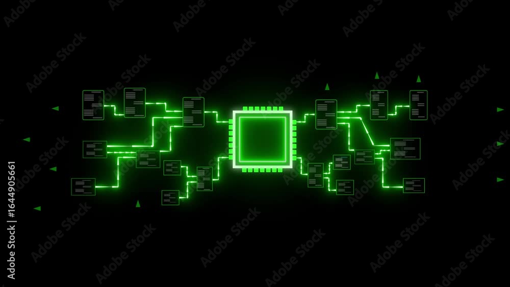 Poster cybernetic system green neon glow digital data flow network technology processor circuit board. chat