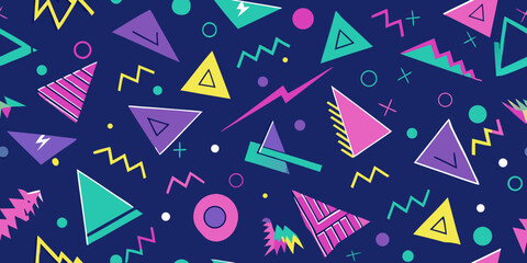 Retro 80s Vector Pattern Featuring Geometric Icons, Squiggles, Dotted Lines, and Angled Triangles in Vibrant Neon Colors