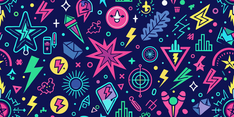 Naklejka premium Youthful Doodle Icon Set Featuring Fire Symbols, Lightning Bolts, Stars, Arrows, and Checkered Shapes in Neon Flat Vector Style